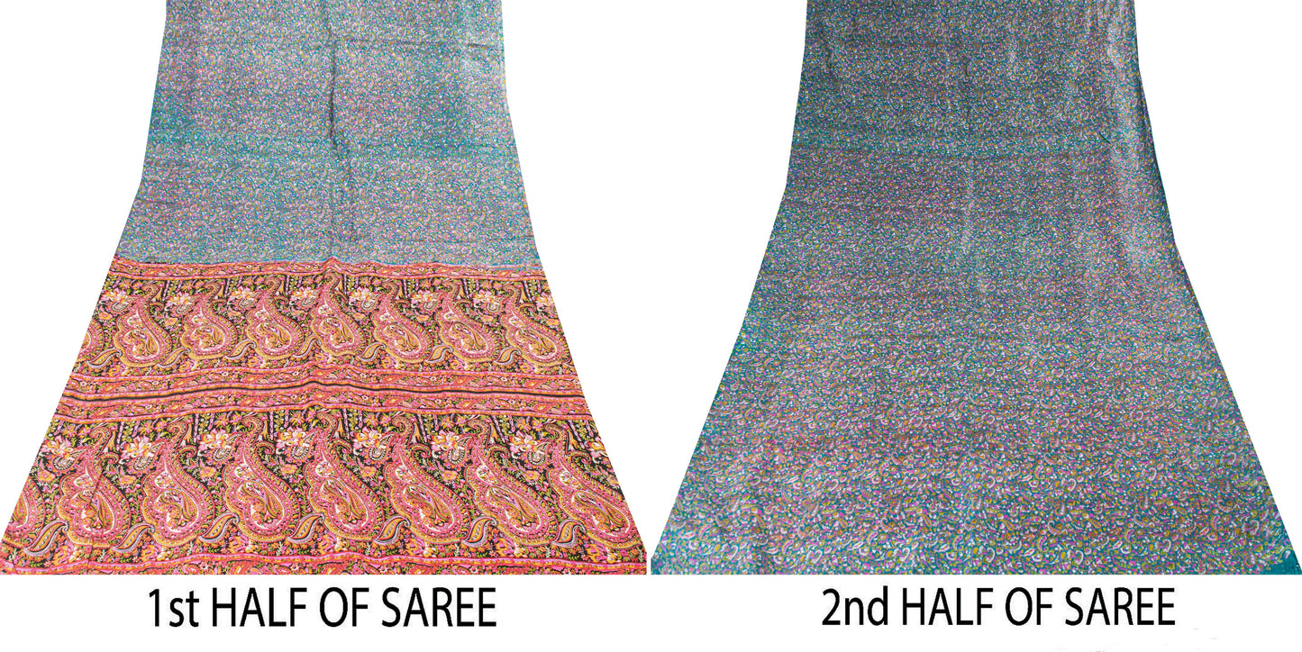 Sanskriti Vintage Sarees Indian Blue Pure Silk Paisley Printed Sari 6+YYD Craft