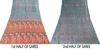 Sanskriti Vintage Sarees Indian Blue Pure Silk Paisley Printed Sari 6+YYD Craft