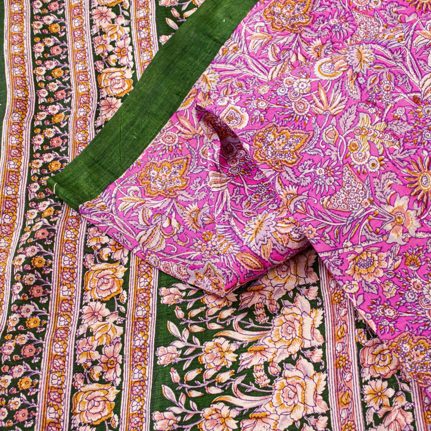 Sanskriti Vintage Sarees Pink Pure Silk Floral Print 5YD Sari Quilting Material
