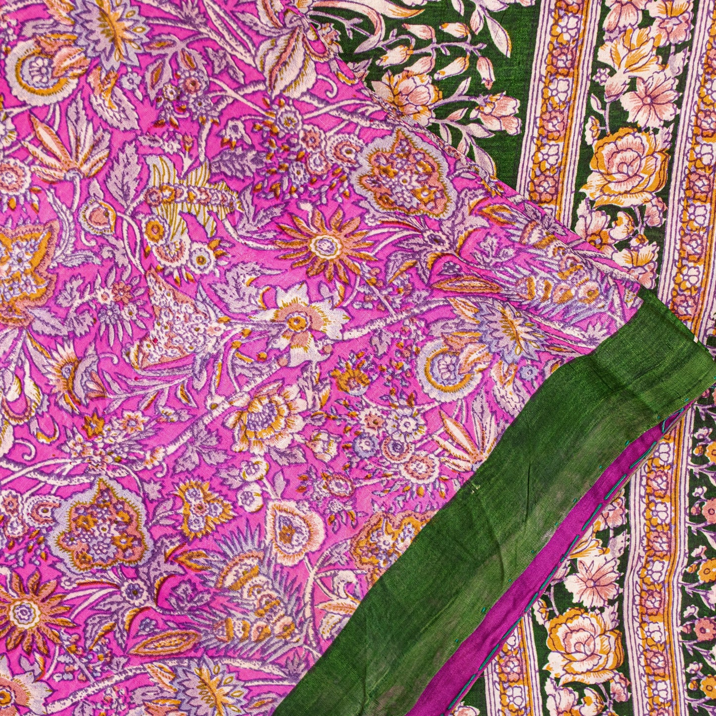 Sanskriti Vintage Sarees Pink Pure Silk Floral Print 5YD Sari Quilting Material