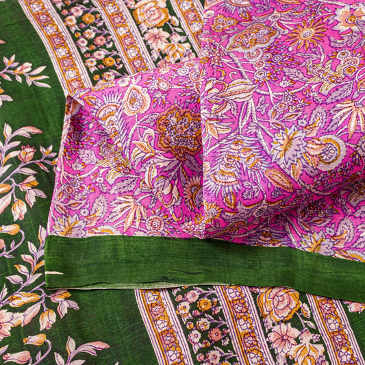 Sanskriti Vintage Saree Pink-Black 100% Pure Silk 5.5+ Yard Saree Floral Printed Sari Quilting Material Home Decor, Sewing, DIY Projects