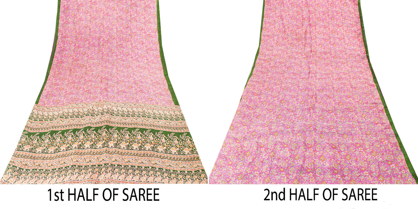 Sanskriti Vintage Sarees Pink Pure Silk Floral Print 5YD Sari Quilting Material