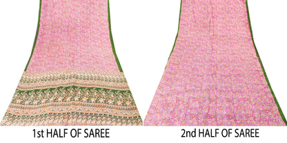 Sanskriti Vintage Sarees Pink Pure Silk Floral Print 5YD Sari Quilting Material
