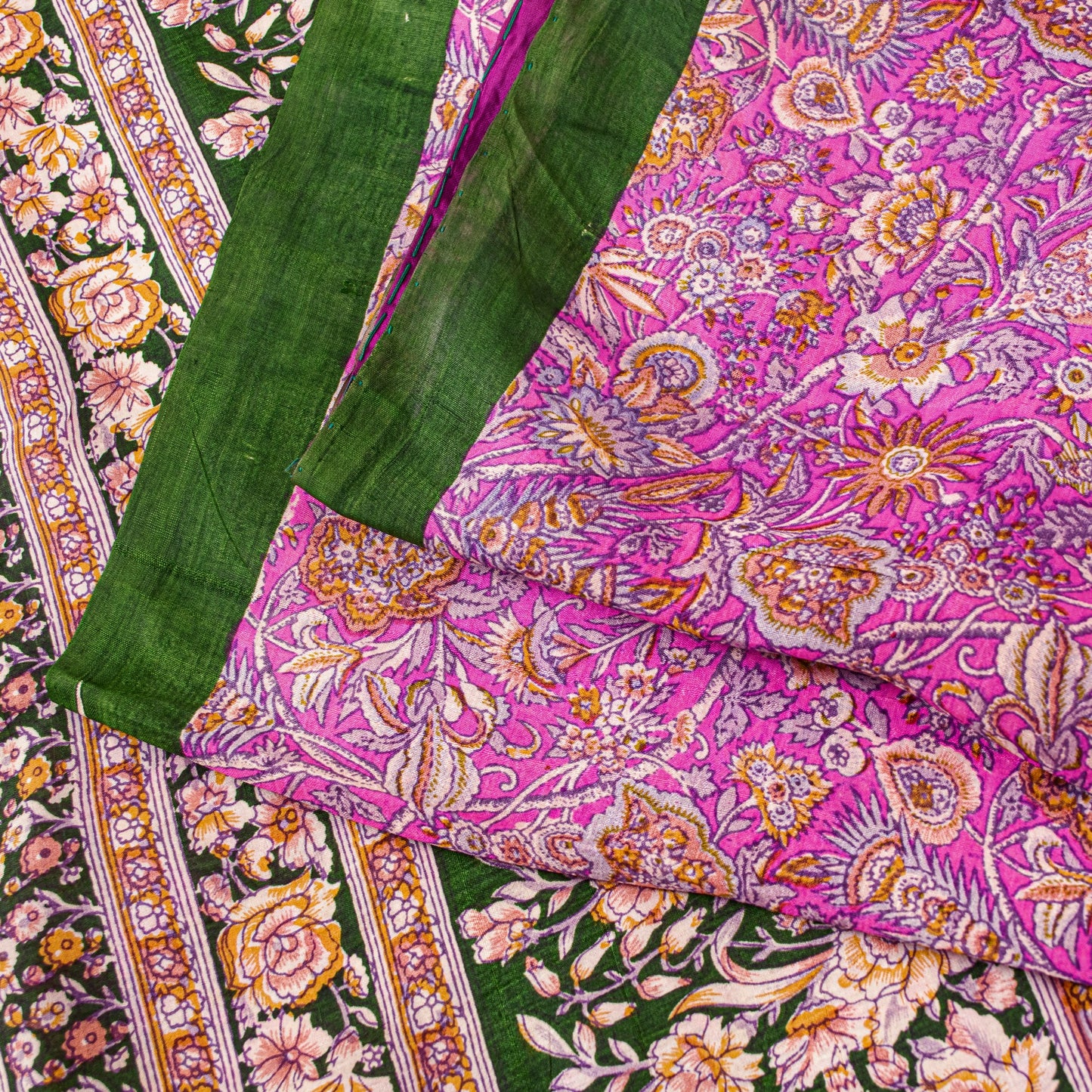 Sanskriti Vintage Sarees Pink Pure Silk Floral Print 5YD Sari Quilting Material