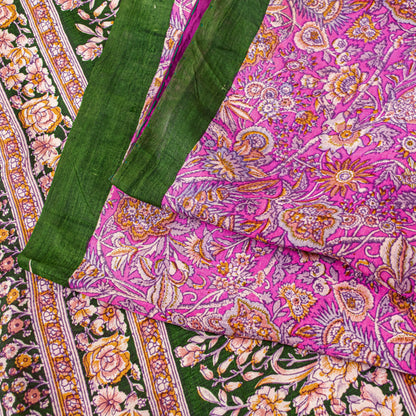 Sanskriti Vintage Sarees Pink Pure Silk Floral Print 5YD Sari Quilting Material