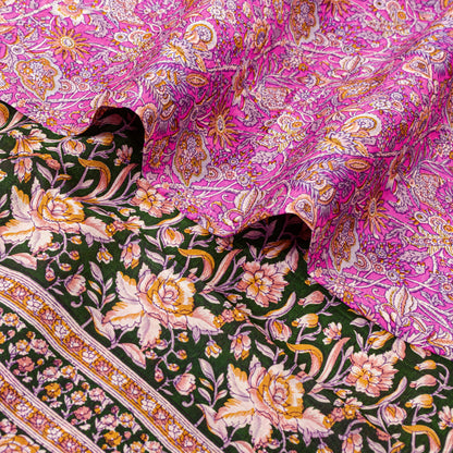 Sanskriti Vintage Sarees Pink Pure Silk Floral Print 5YD Sari Quilting Material