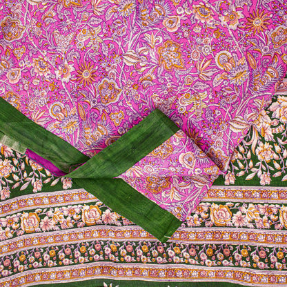 Sanskriti Vintage Sarees Pink Pure Silk Floral Print 5YD Sari Quilting Material