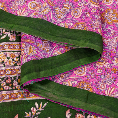 Sanskriti Vintage Sarees Pink Pure Silk Floral Print 5YD Sari Quilting Material