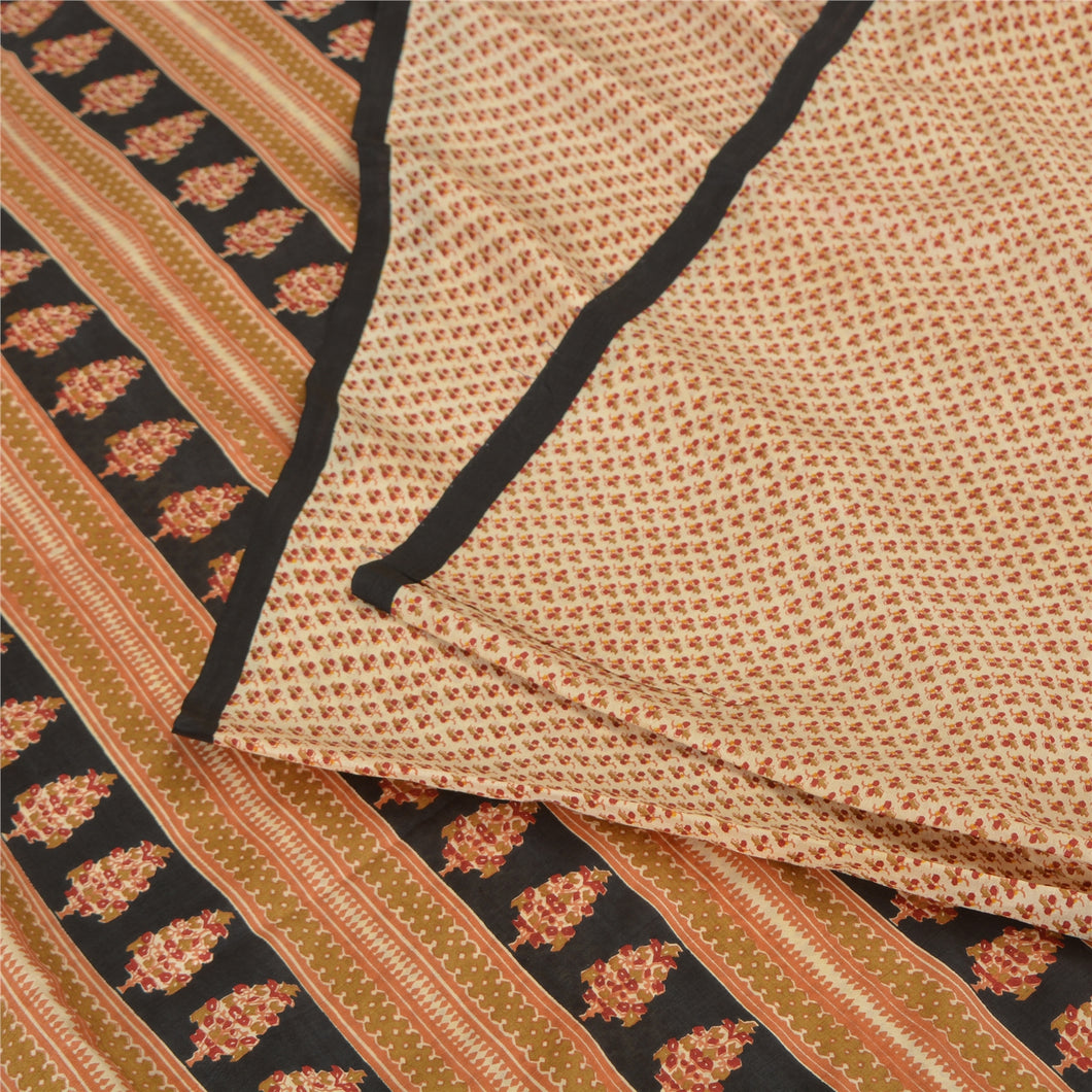 Sanskriti Vintage Sarees Ivory/Black 100% Pure Silk 6yd Print Sari Craft Fabric