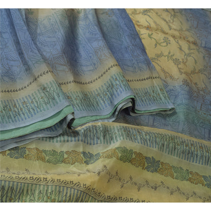 Sanskriti Vintage Sarees Green & Blue 100% Pure Silk Print Sari 5yd Craft Fabric