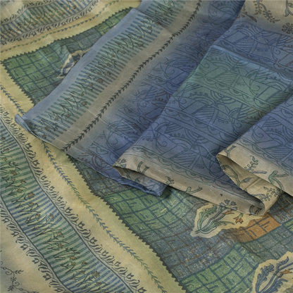 Sanskriti Vintage Sarees Green & Blue 100% Pure Silk Print Sari 5yd Craft Fabric