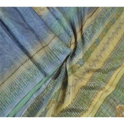 Sanskriti Vintage Sarees Green & Blue 100% Pure Silk Print Sari 5yd Craft Fabric