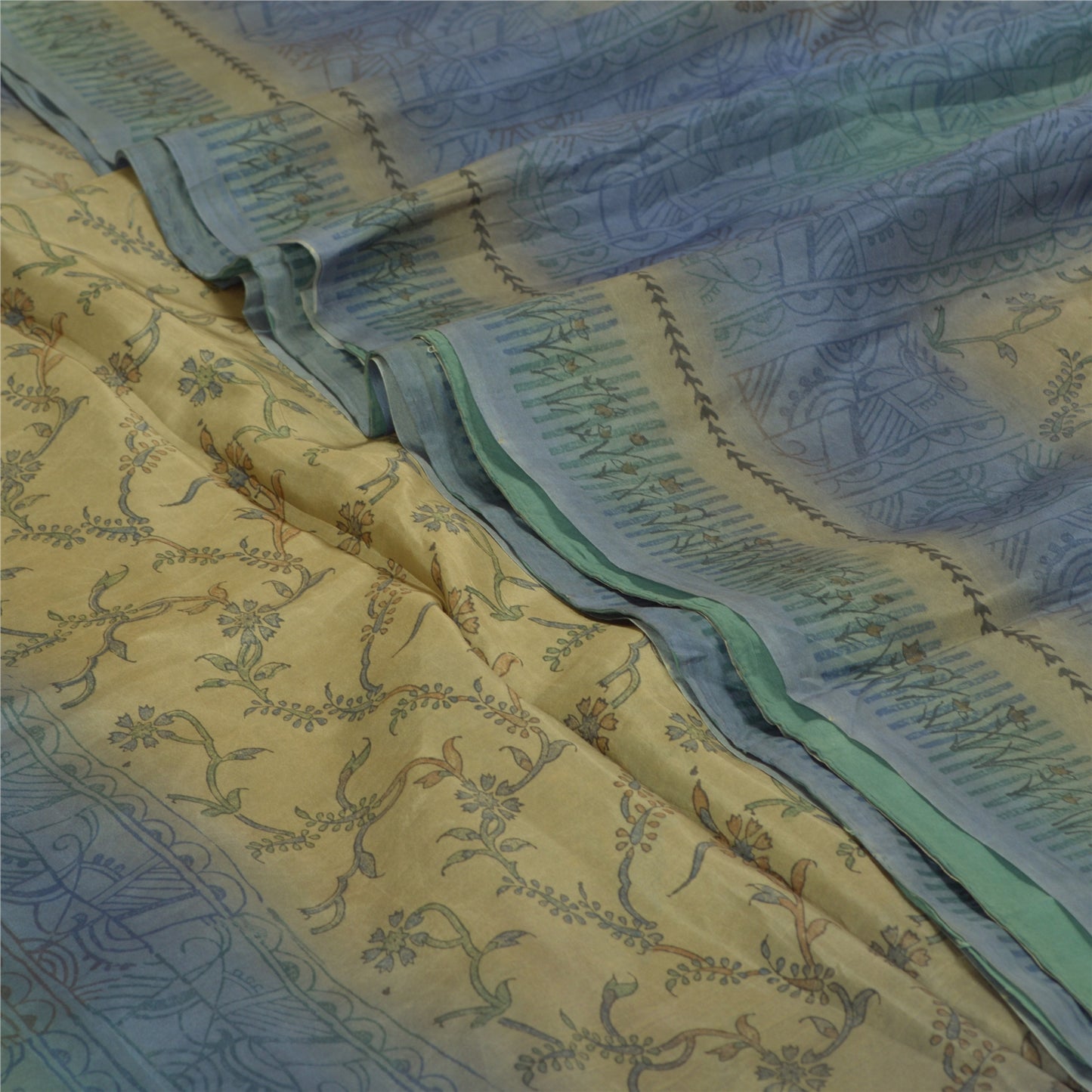 Sanskriti Vintage Sarees Green & Blue 100% Pure Silk Print Sari 5yd Craft Fabric
