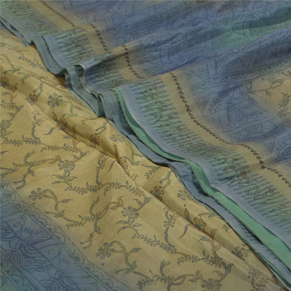 Sanskriti Vintage Sarees Green & Blue 100% Pure Silk Print Sari 5yd Craft Fabric