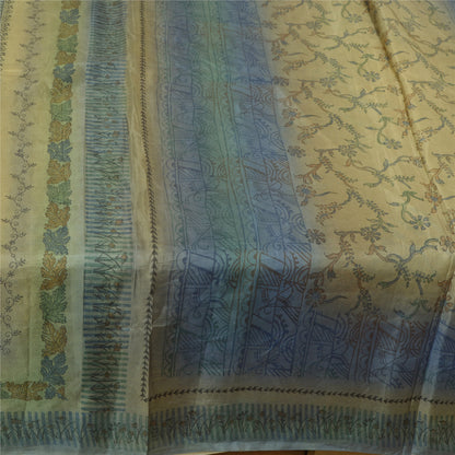 Sanskriti Vintage Sarees Green & Blue 100% Pure Silk Print Sari 5yd Craft Fabric