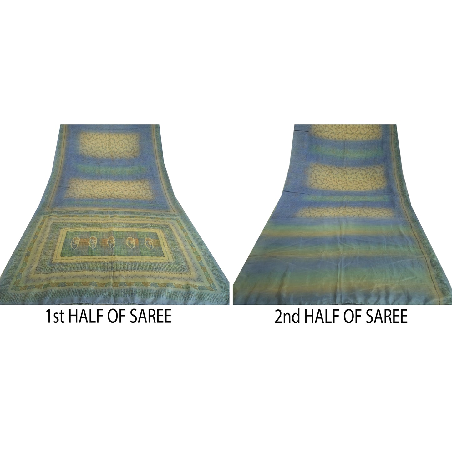 Sanskriti Vintage Sarees Green & Blue 100% Pure Silk Print Sari 5yd Craft Fabric