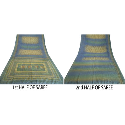 Sanskriti Vintage Sarees Green & Blue 100% Pure Silk Print Sari 5yd Craft Fabric