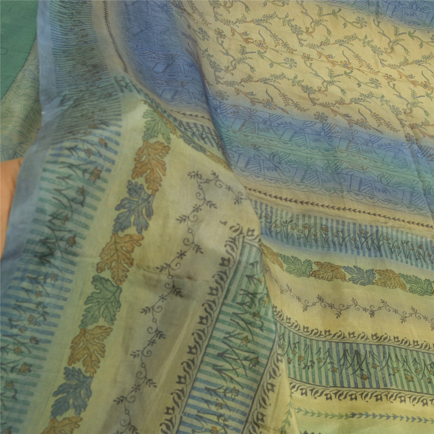 Sanskriti Vintage Sarees Green & Blue 100% Pure Silk Print Sari 5yd Craft Fabric