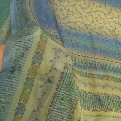 Sanskriti Vintage Sarees Green & Blue 100% Pure Silk Print Sari 5yd Craft Fabric