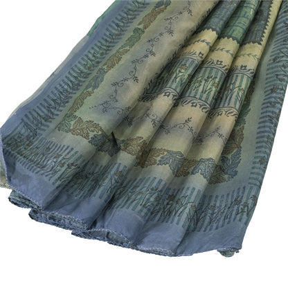 Sanskriti Vintage Sarees Green & Blue 100% Pure Silk Print Sari 5yd Craft Fabric