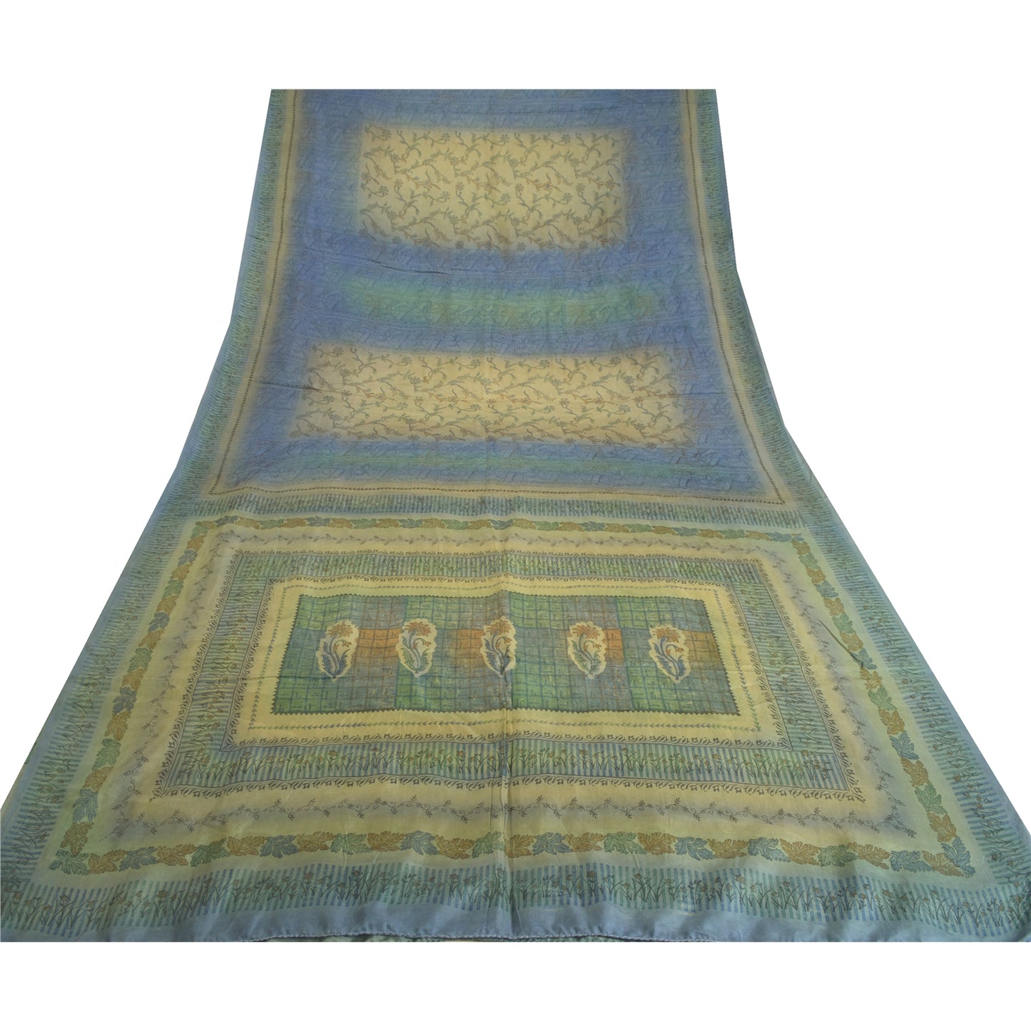 Sanskriti Vintage Sarees Green & Blue 100% Pure Silk Print Sari 5yd Craft Fabric
