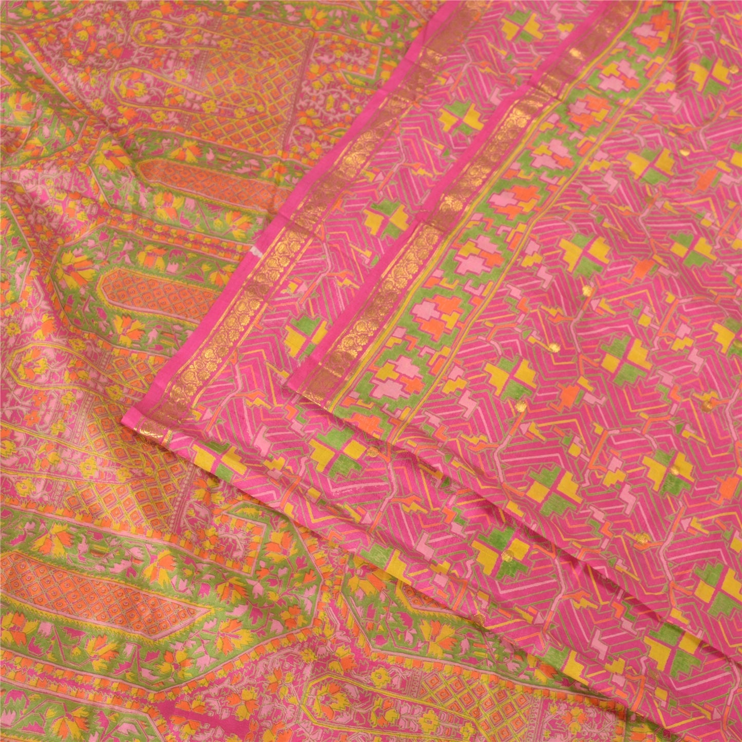 Sanskriti Vintage Sarees Pink Zari Border Geometric Printed Pure Silk 5YD Sari