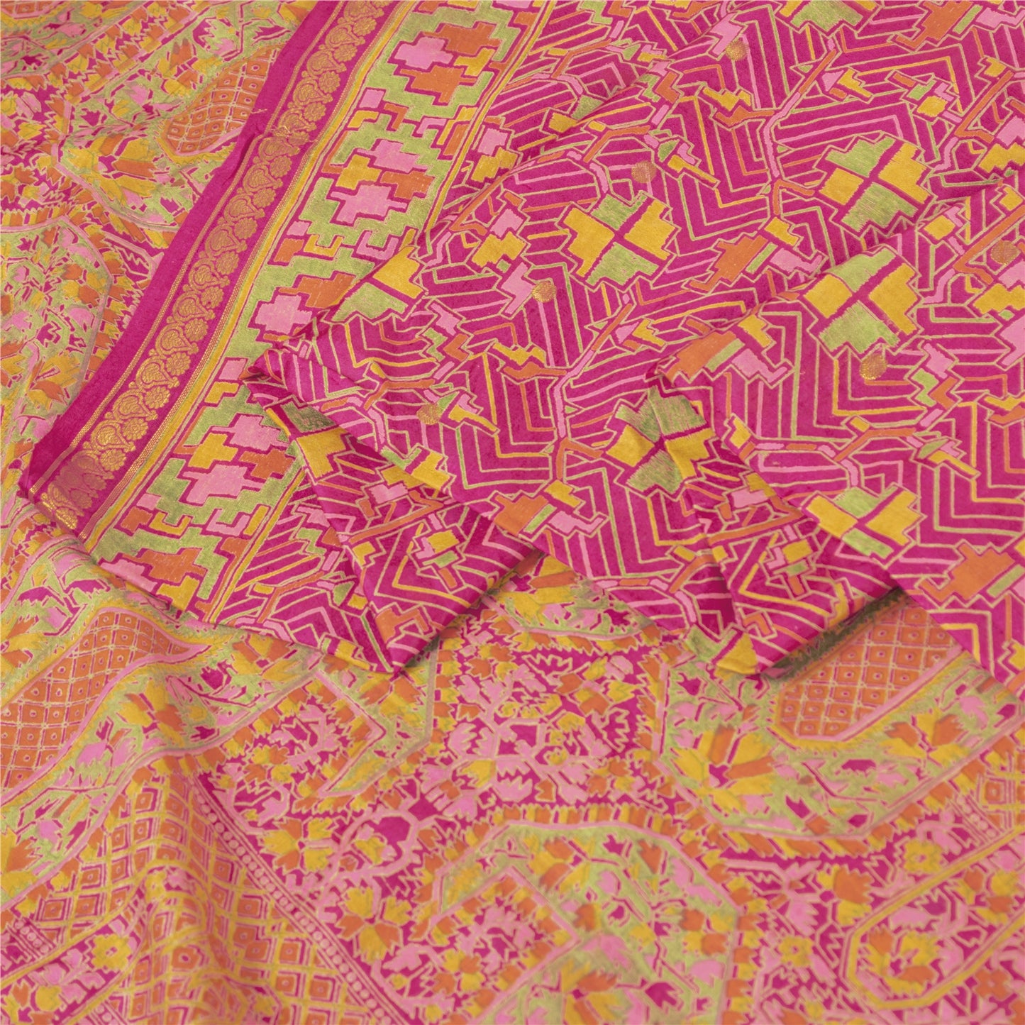 Sanskriti Vintage Sarees Pink Zari Border Geometric Printed Pure Silk 5YD Sari