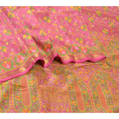 Sanskriti Vintage Sarees Pink Zari Border Geometric Printed Pure Silk 5YD Sari