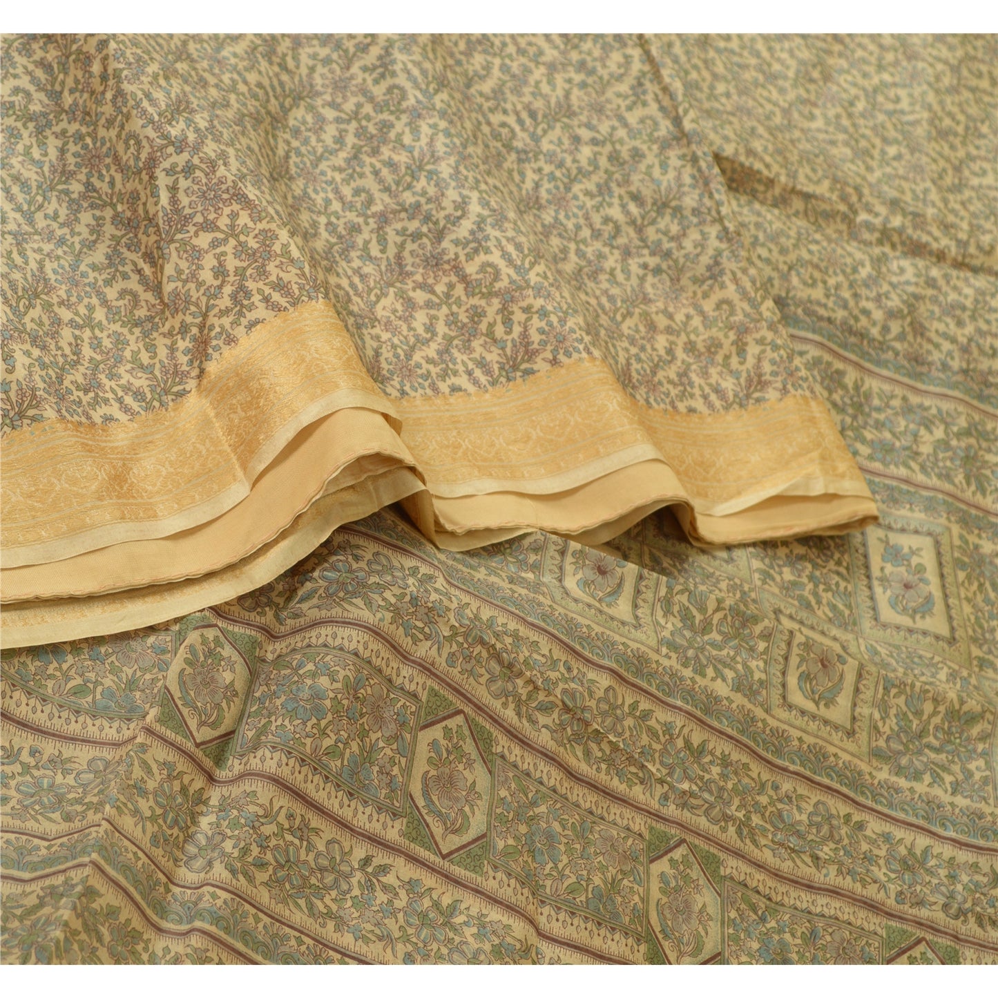 Sanskriti Vintage Sarees Olive Green Pure Silk Floral Printed 5YD Quilting Sari