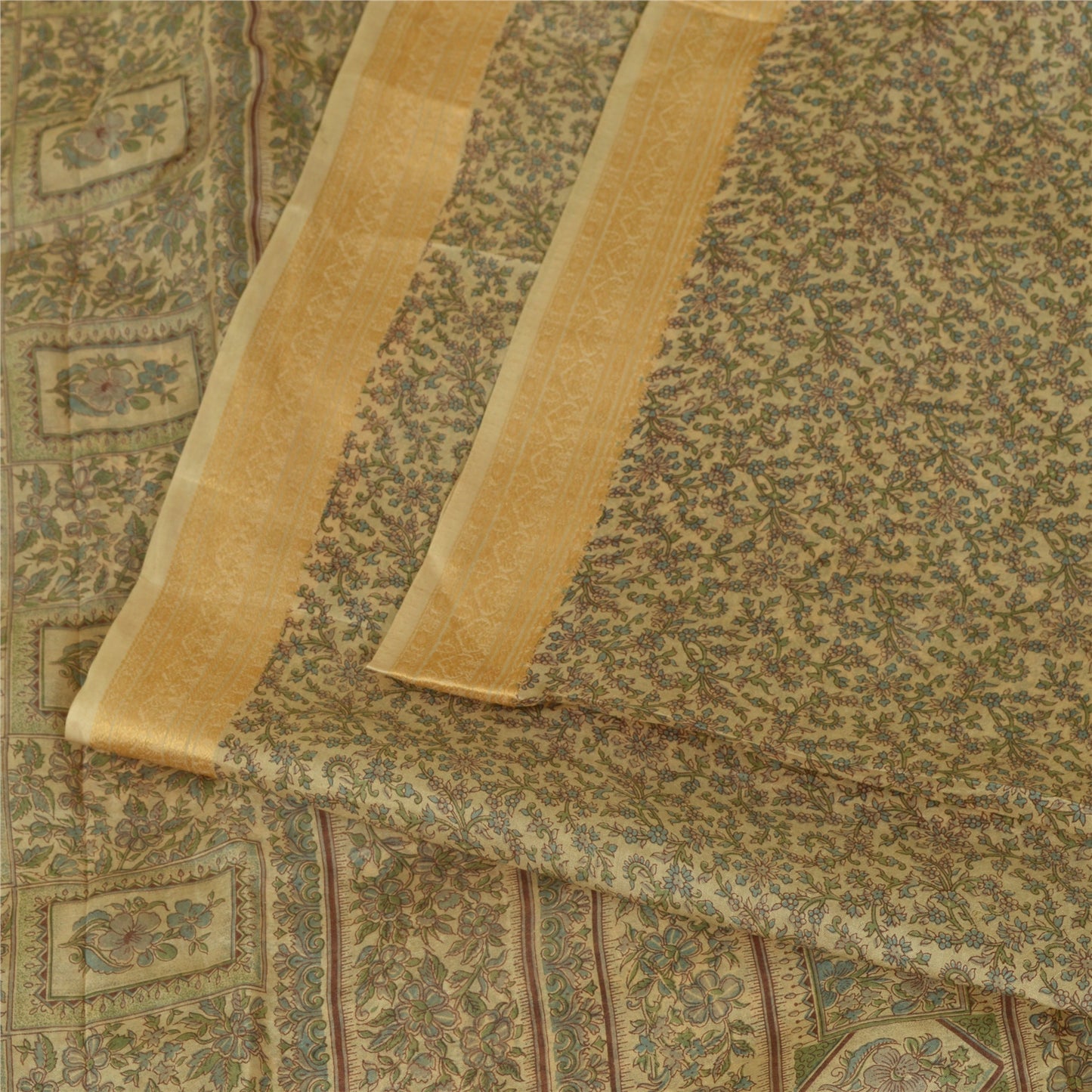 Sanskriti Vintage Sarees Olive Green Pure Silk Floral Printed 5YD Quilting Sari