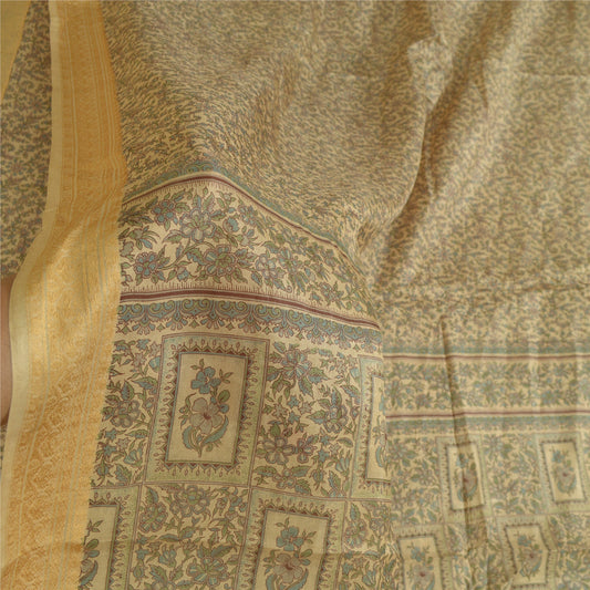 Sanskriti Vintage Sarees Olive Green Pure Silk Floral Printed 5YD Quilting Sari