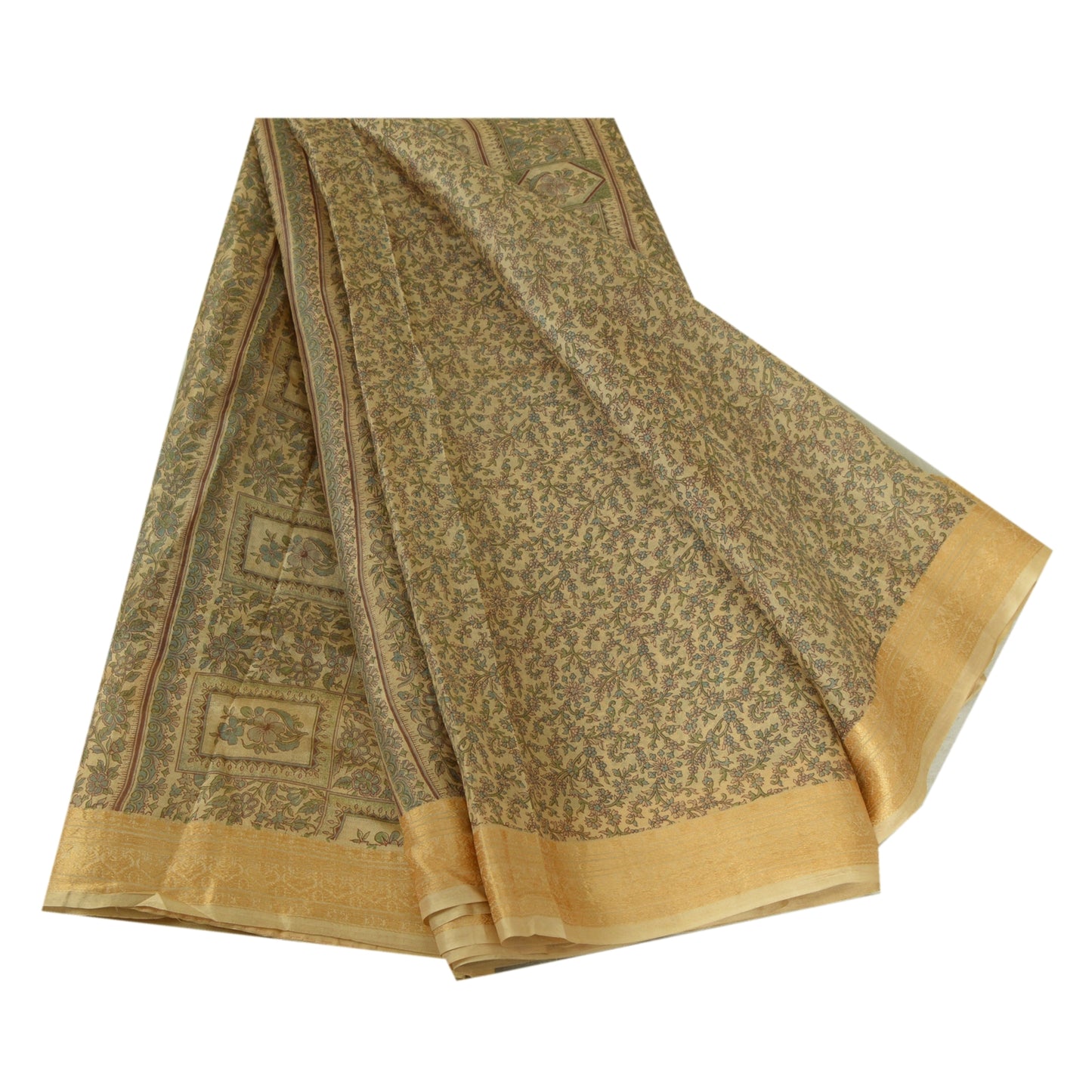 Sanskriti Vintage Sarees Olive Green Pure Silk Floral Printed 5YD Quilting Sari