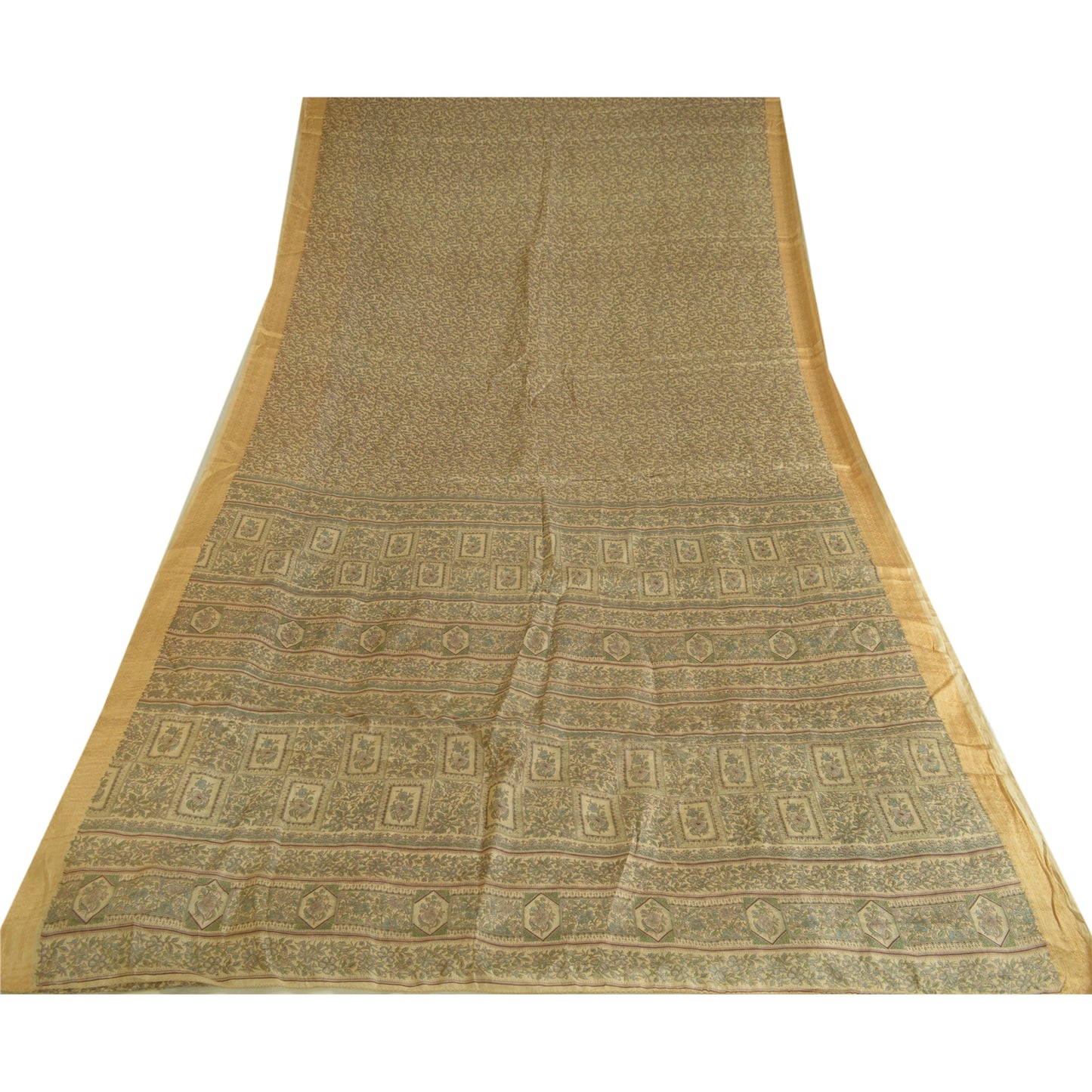 Sanskriti Vintage Sarees Olive Green Pure Silk Floral Printed 5YD Quilting Sari