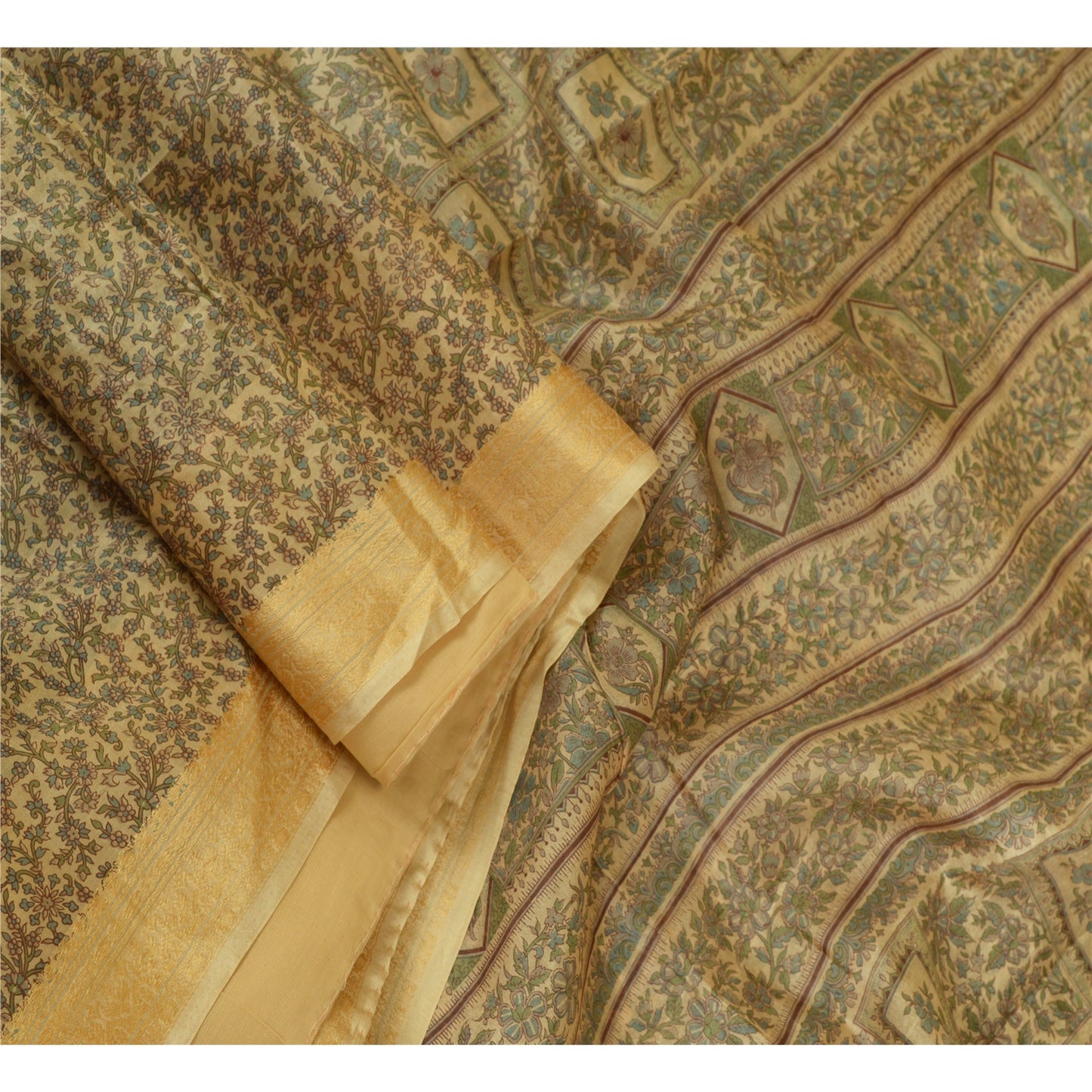 Sanskriti Vintage Sarees Olive Green Pure Silk Floral Printed 5YD Quilting Sari