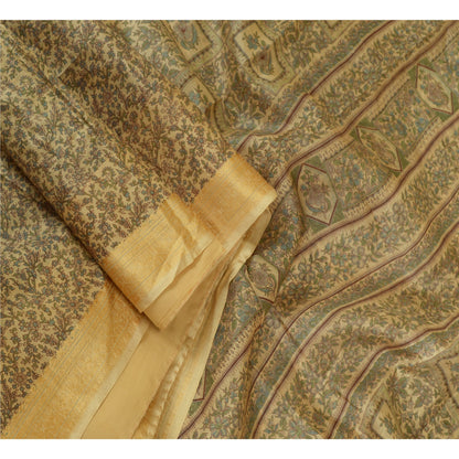 Sanskriti Vintage Sarees Olive Green Pure Silk Floral Printed 5YD Quilting Sari