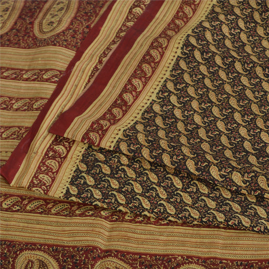 Sanskriti Vintage Sarees Black/Red Pure Silk Printed Sari Floral Craft Fabric