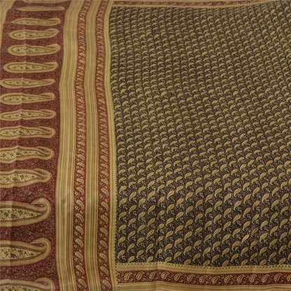 Sanskriti Vintage Sarees Black/Red Pure Silk Printed Sari Floral Craft Fabric