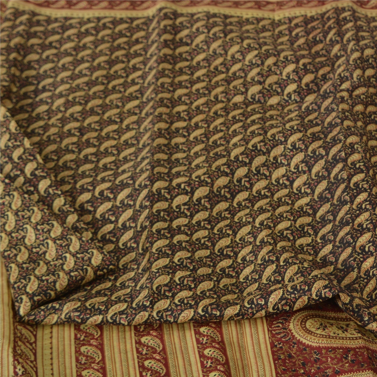 Sanskriti Vintage Sarees Black/Red Pure Silk Printed Sari Floral Craft Fabric