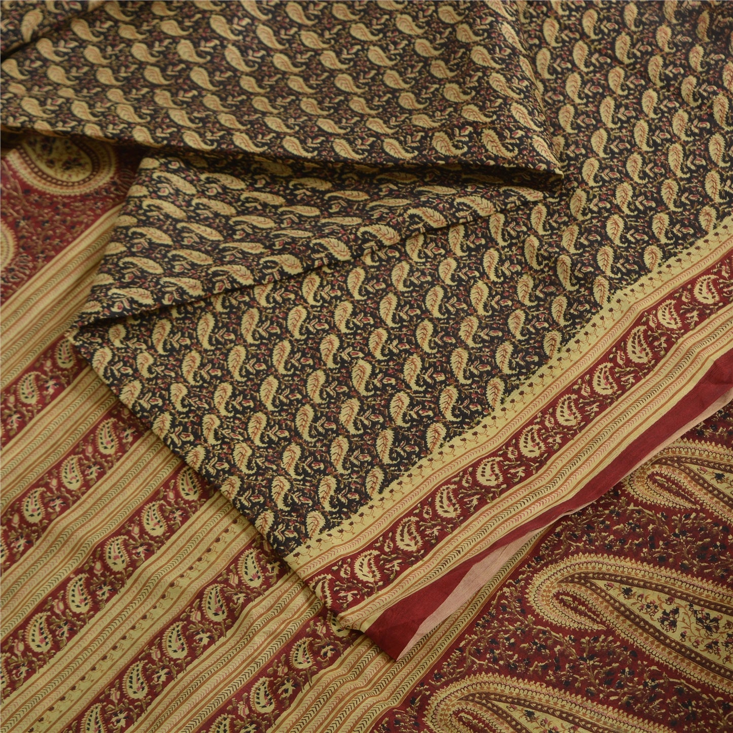 Sanskriti Vintage Sarees Black/Red Pure Silk Printed Sari Floral Craft Fabric