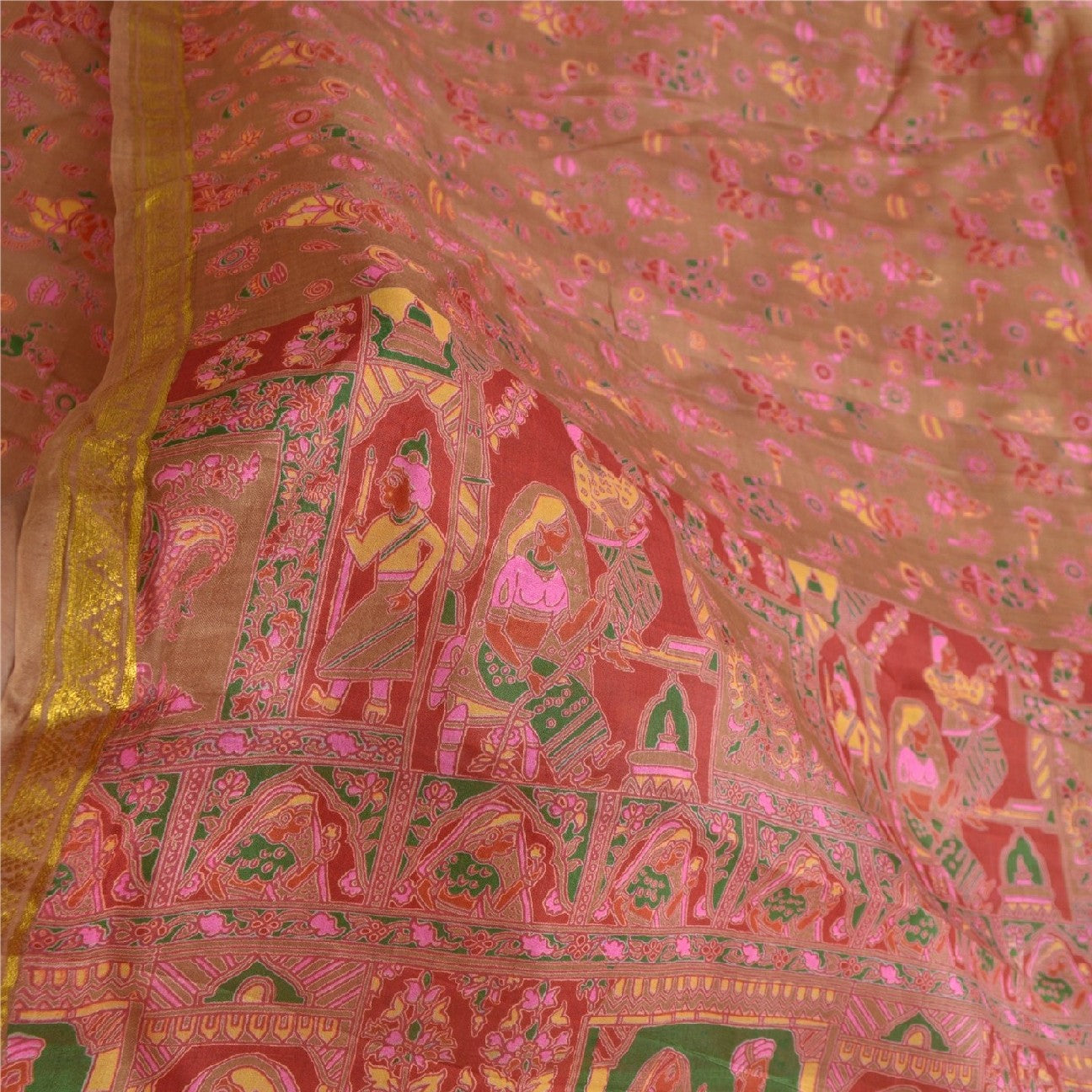 Sanskriti Vintage Sarees Pink/Green Zari Border Pure Silk Printed Sari Sustainable Fabric