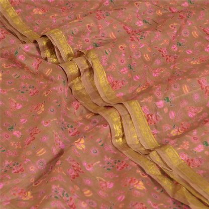 Sanskriti Vintage Sarees Pink/Green Zari Border Pure Silk Printed Sari Sustainable Fabric