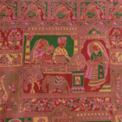 Sanskriti Vintage Sarees Pink/Green Zari Border Pure Silk Printed Sari Sustainable Fabric