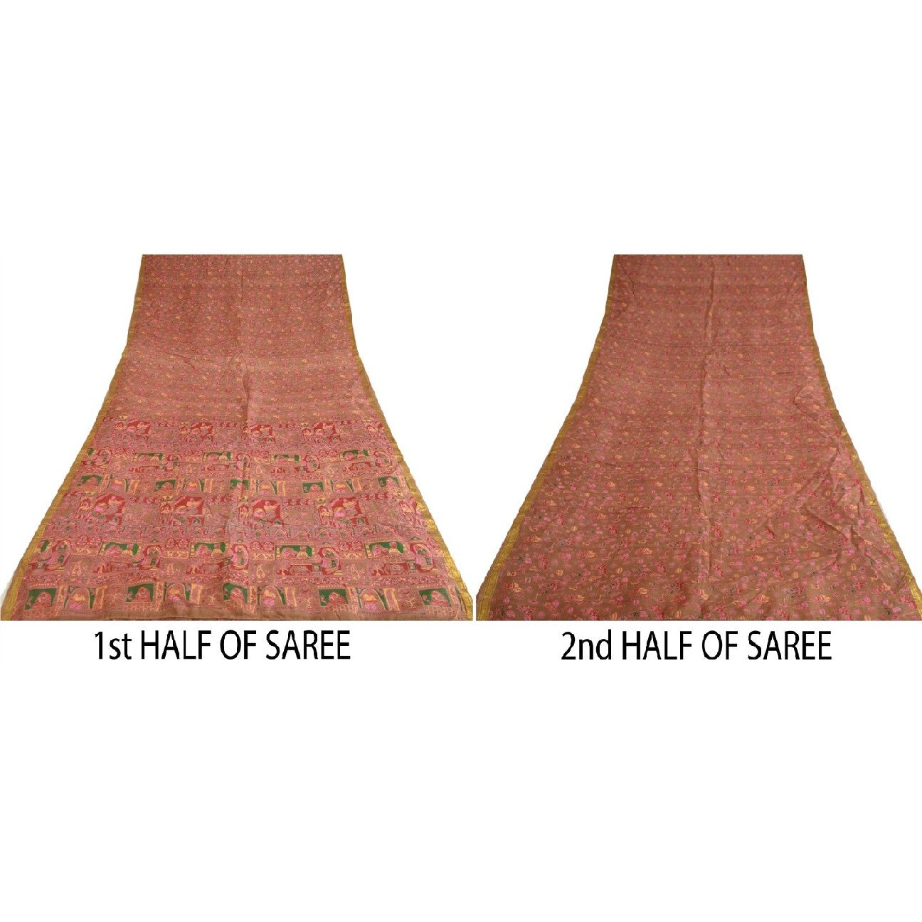 Sanskriti Vintage Sarees Pink/Green Zari Border Pure Silk Printed Sari Sustainable Fabric