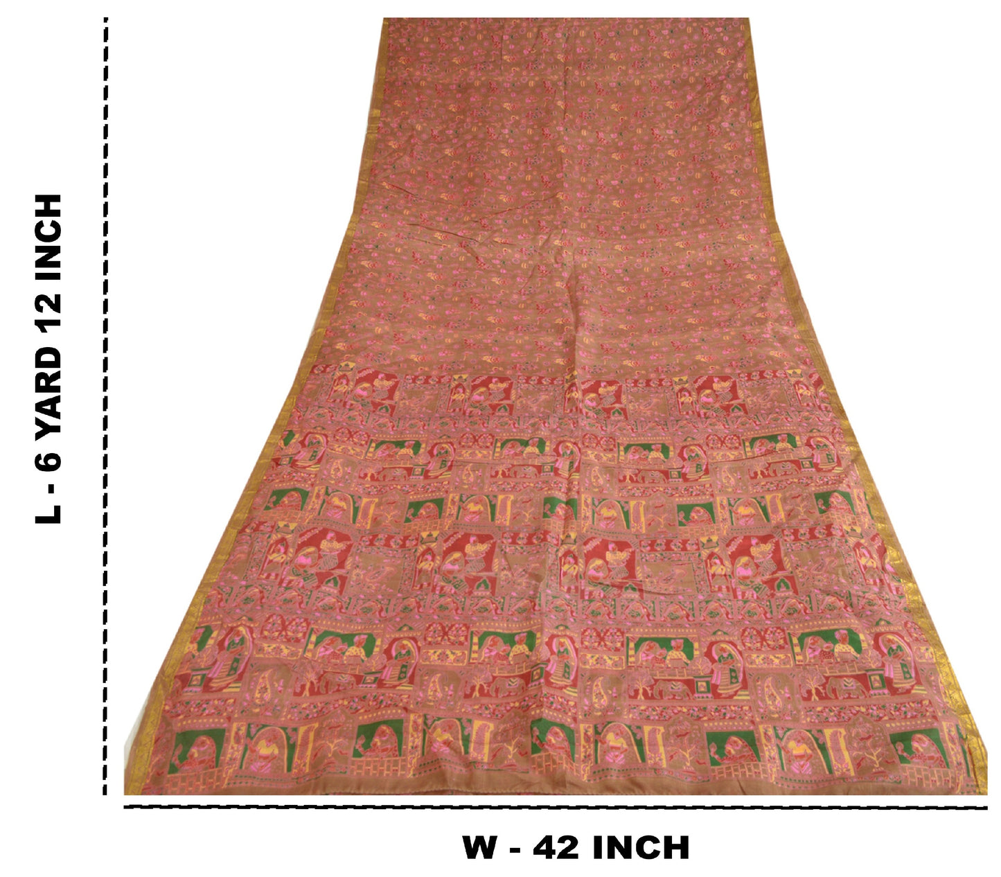 Sanskriti Vintage Sarees Pink/Green Zari Border Pure Silk Printed Sari Sustainable Fabric
