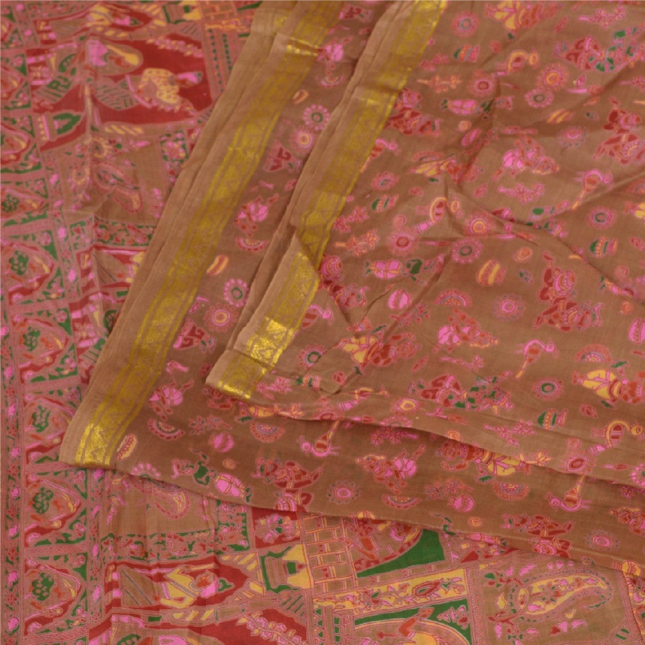 Sanskriti Vintage Sarees Pink/Green Zari Border Pure Silk Printed Sari Sustainable Fabric