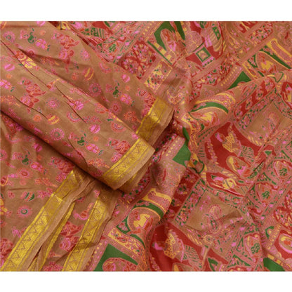 Sanskriti Vintage Sarees Pink/Green Zari Border Pure Silk Printed Sari Sustainable Fabric