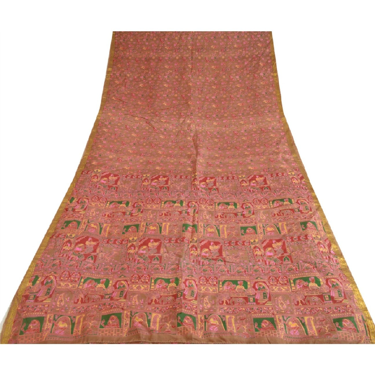 Sanskriti Vintage Sarees Pink/Green Zari Border Pure Silk Printed Sari Sustainable Fabric