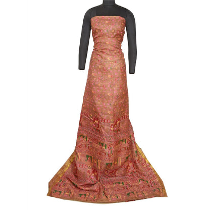 Sanskriti Vintage Sarees Pink/Green Zari Border Pure Silk Printed Sari Sustainable Fabric