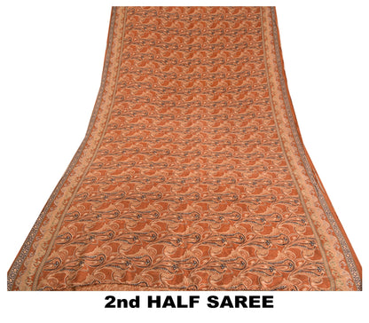 Sanskriti Vintage Sarees Indian Orange Printed Pure Silk Sari Soft Craft Sustainable Fabric