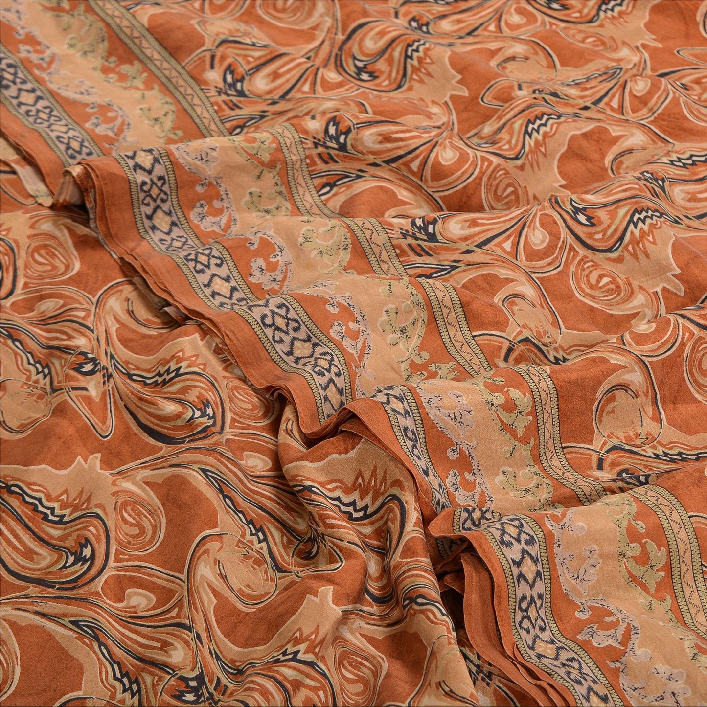 Sanskriti Vintage Sarees Indian Orange Printed Pure Silk Sari Soft Craft Sustainable Fabric